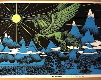 El Pegasus Horse Sun Original Vintage Blacklight Poster 1971 Houston INC Retro
