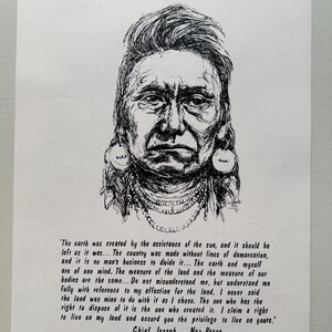 Póster vintage del jefe Joseph, líder de la tribu indígena americana Nez Perce del Pacífico Noroeste, ilustración de los años 70.