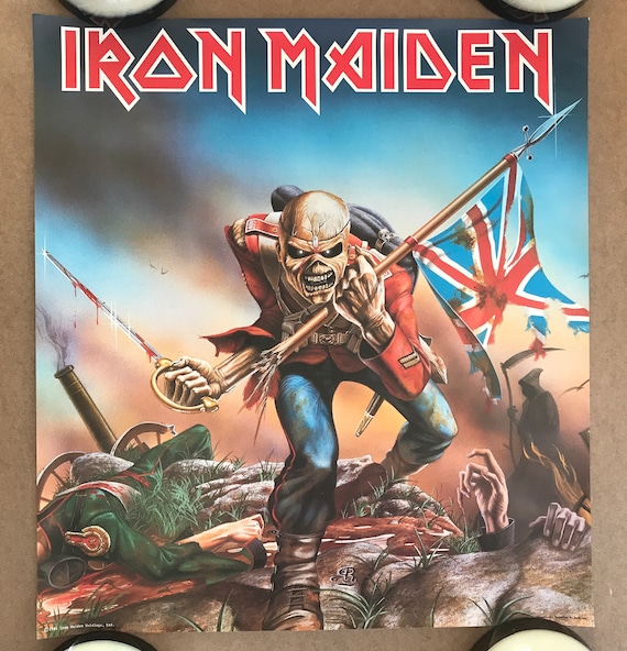 Vintage Original 1980s Iron Maiden Poster UK Flag Skeleton Pinup