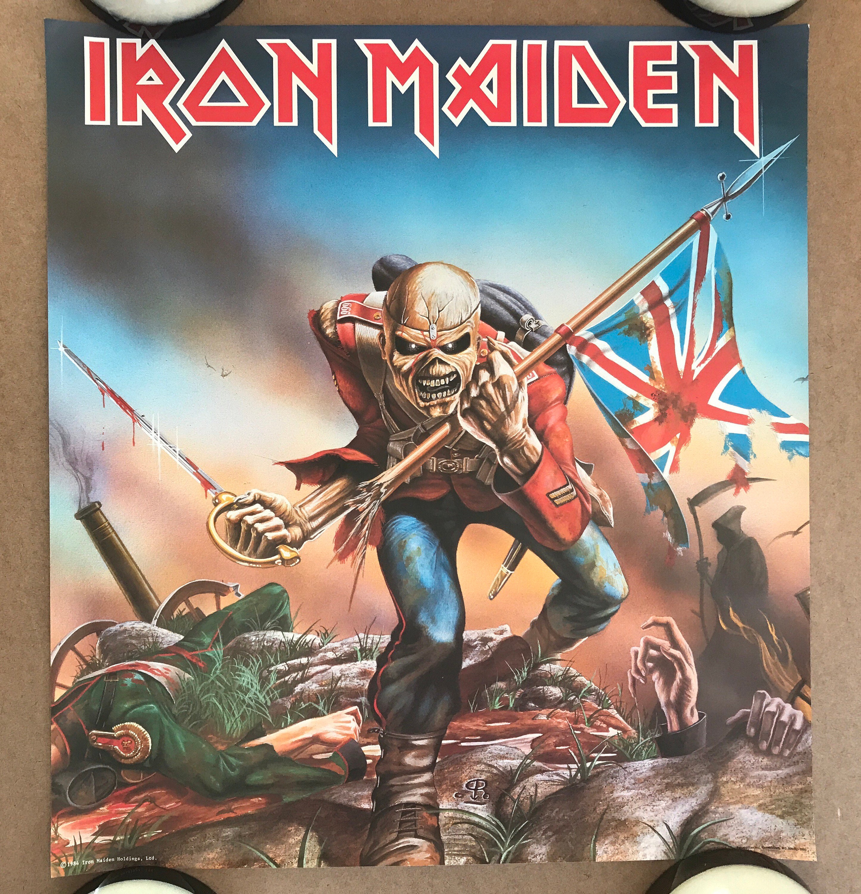 Vintage Original 1980s Iron Maiden Poster UK Flag Skeleton