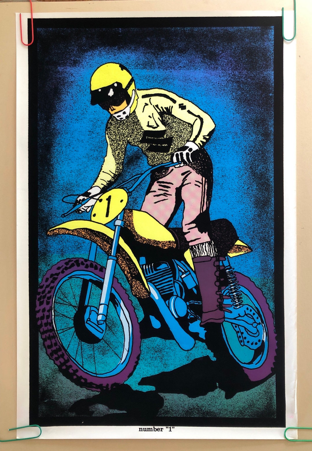 Number 1 Original Vintage Blacklight Poster Motocross Dirt Bike
