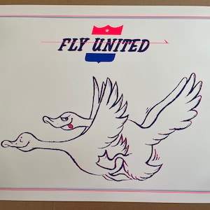 Vintage original de 1970 Fly United póster avión pájaros aman juntos
