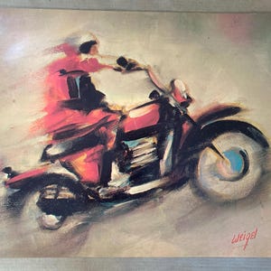 May include: An abstract painting of a motorcycle in motion. The rider is depicted in red, with the motorcycle in shades of red and black. The background is a blend of beige and light pink.