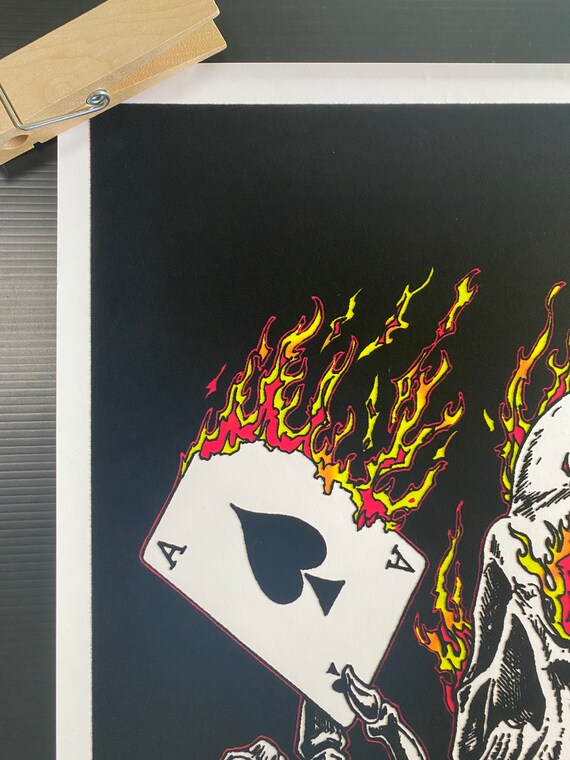 Flaming Skull Ace of Spade Original Vintage Poster Blacklight