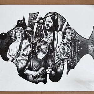 Ilustración de póster vintage original de Phish, dibujo en estilo boceto, música de los años 80