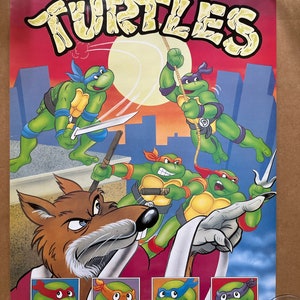 cartel vintage tortugas ninja mutantes adolescentes ilustración de dibujos animados de los años 90