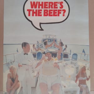 Cartel publicitario vintage original de 1984 con el mensaje ¿Dónde está la carne? de SS Big Bun. Arte mural retro coleccionable