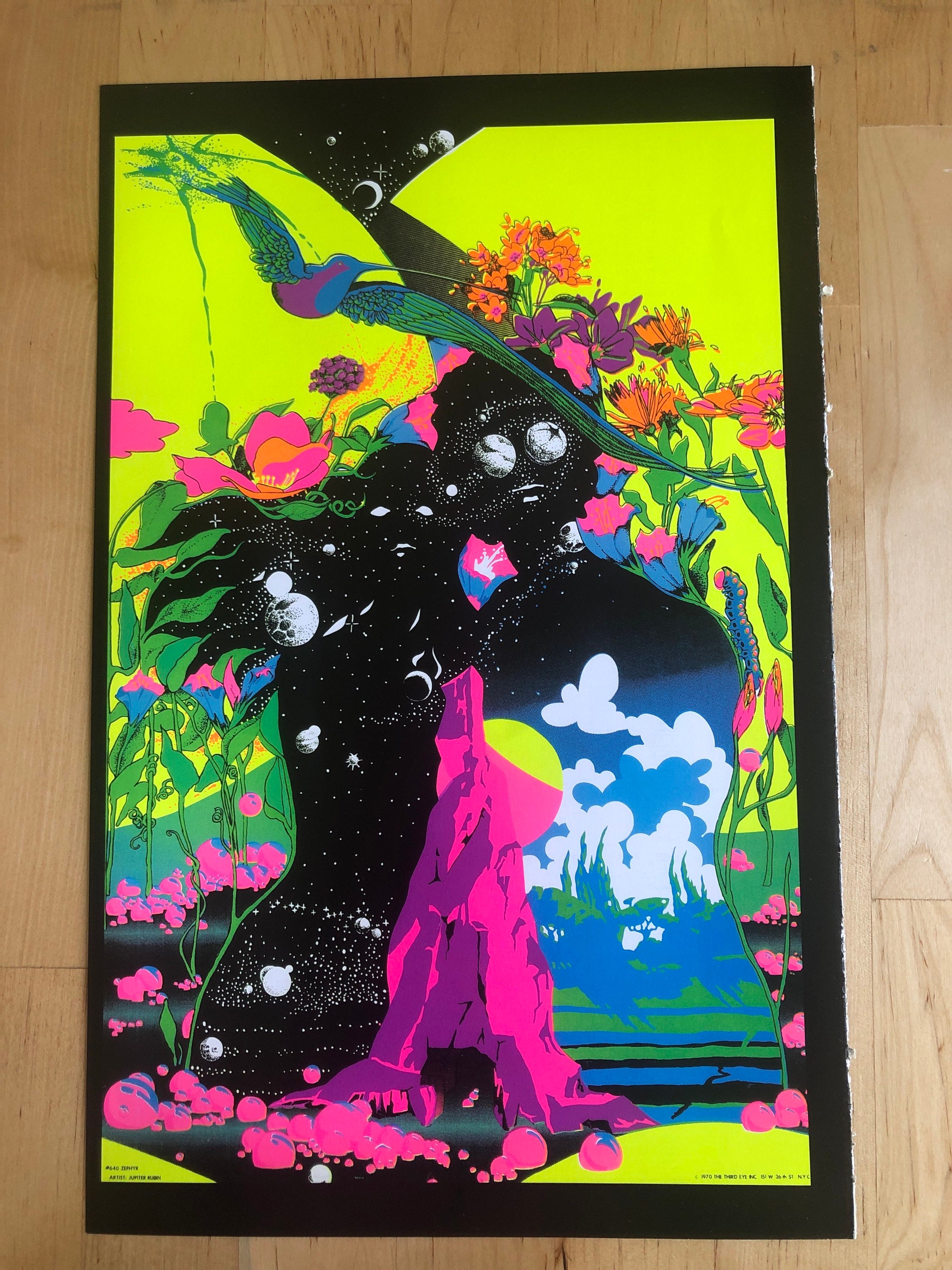 レア‼️ 夜光　LOVE&PEACE　フラワーポスター　サイケデリックポスター Moon Flowers Blacklight Poster Vintage Original Joe Petagno III