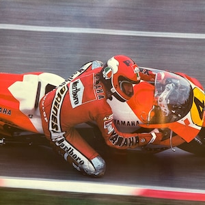 Vintage 1980s Yamaha Red White Motorcycle Speed Race Racer Poster