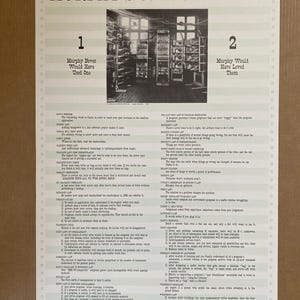 Puede incluir: Un póster titulado "Murphy's Computer Law" con texto e imágenes. El póster tiene dos secciones, una etiquetada como "1" y la otra como "2". El texto incluye varias leyes y observaciones relacionadas con las computadoras y la programación. El fondo es blanquecino con una estética vintage.
