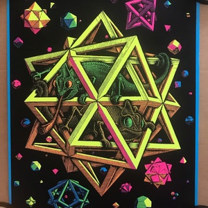 Vintage Original 1960s Stars Blacklight Poster Lagartos serigrafía psicodélica