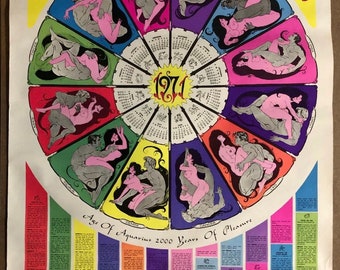 May include: A vintage 1971 calendar poster with a circular design featuring a zodiac wheel with nude figures in various poses. The poster is titled "Love Life Lust: Age of Aquarius 2000 Years of Pleasure".