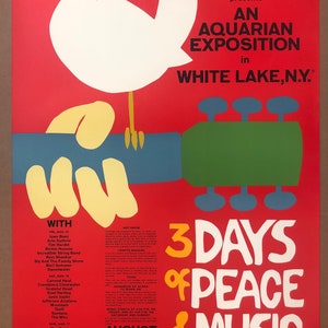 Póster vintage de Woodstock de Arnold Skolnick, grande, 1969, música de la paz, paloma