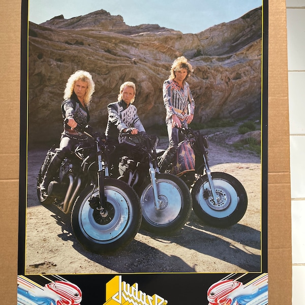 Judas Priest motocicleta 1980s música recuerdos póster vintage