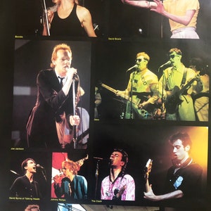 May include: A collage of black and white photos of musicians from the New Wave era. The musicians include Blondie, David Bowie, Joe Jackson, Devo, David Byrne of Talking Heads, Johnny Rotten, The Clash, Graham Parker, and 0-52.