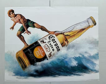 Corona surfer vintage poster golf water bar bier advertentie reclame promo brouwerij surfen strand man 1988