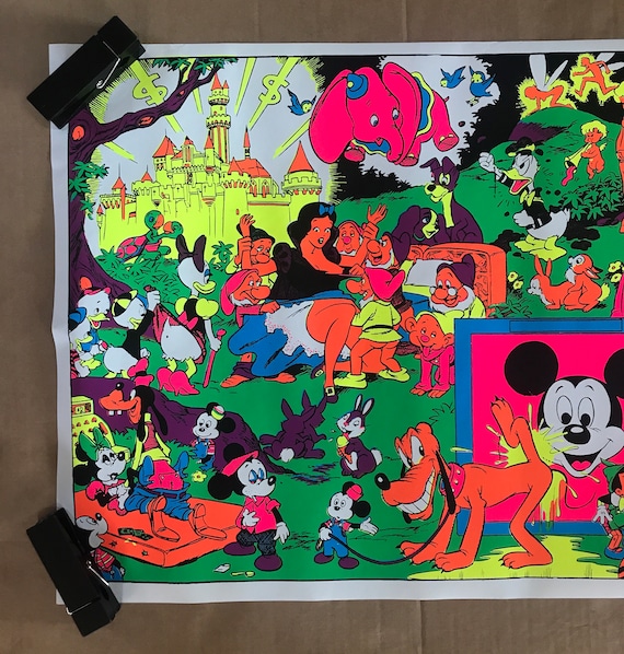 Vintage Original 1970s Disney Characters Orgy Blacklight Poster