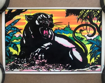 Vintage Original 1970s 1980s Black Panther Velvet Blacklight Pinup