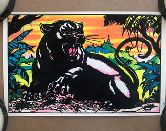 Vintage original 1970s 1980s Black Panther velvet Blacklight pinup poster psychedelic