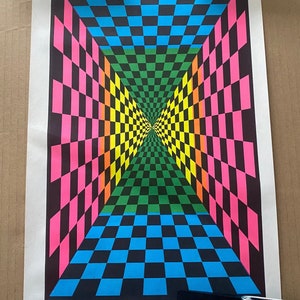 Visual Delusion Geométrico Blacklight poster 1970's abstract checks dimensiones laberinto espiral arcoiris