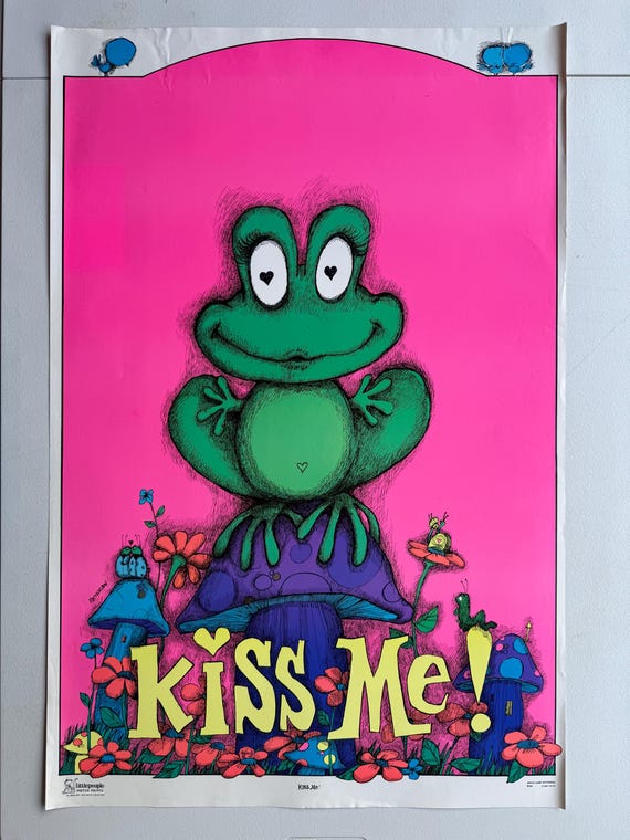 Kiss Me Blacklight Poster Original Vintage Frog Flowers Mushrooms