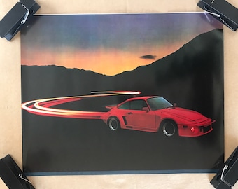 Original vintage poster Red 911 Porsche Custom Car Print night sunset sky
