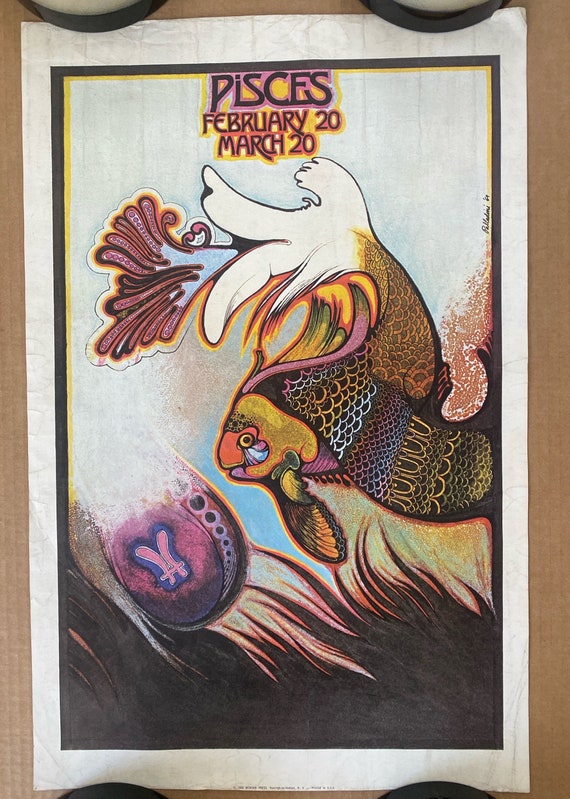 Pisces Vintage Blacklight Poster Astrology Zodiac Signs Tarot
