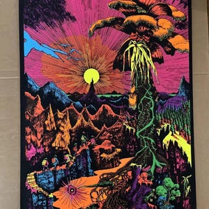 horizontes perdidos vintage cartel de luz negra década de 1960 brillo del día original uv Neón palmera paraíso cascada