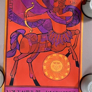 Póster vintage de Sagitario, astrología, signos del zodíaco, tarot, psicodélico, década de 1960