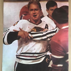 Póster original vintage de Bobby Hull, Chicago Blackhawks, NHL, pelea de hockey, póster de los años 70, recuerdos deportivos de hockey