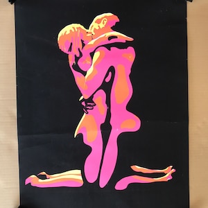 Vintage original 1970s 1960s couple embrace love flaming Blacklight pinup poster psychedelic