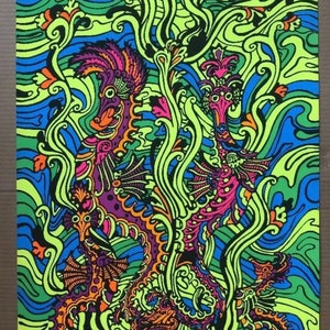 Sea Horses Original Vintage Blacklight Poster Third Eye Inc 1970 Macbeth 1970's