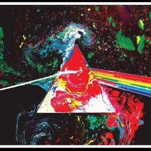 Cartel de luz negra de Pink Floyd, lado oscuro psicodélico de la luna, carteles de luces negras, formas geométricas, espacio exterior, arcoíris