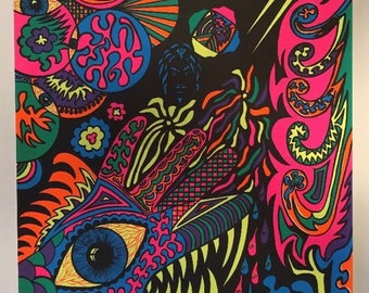 Vintage Blacklight Poster Psychedelic Collage Hand Eye Fish Eyeballs Pin-up 70's