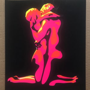 Original Vintage Black Light Poster pareja psicodélica abraza a los amantes en llamas Mini