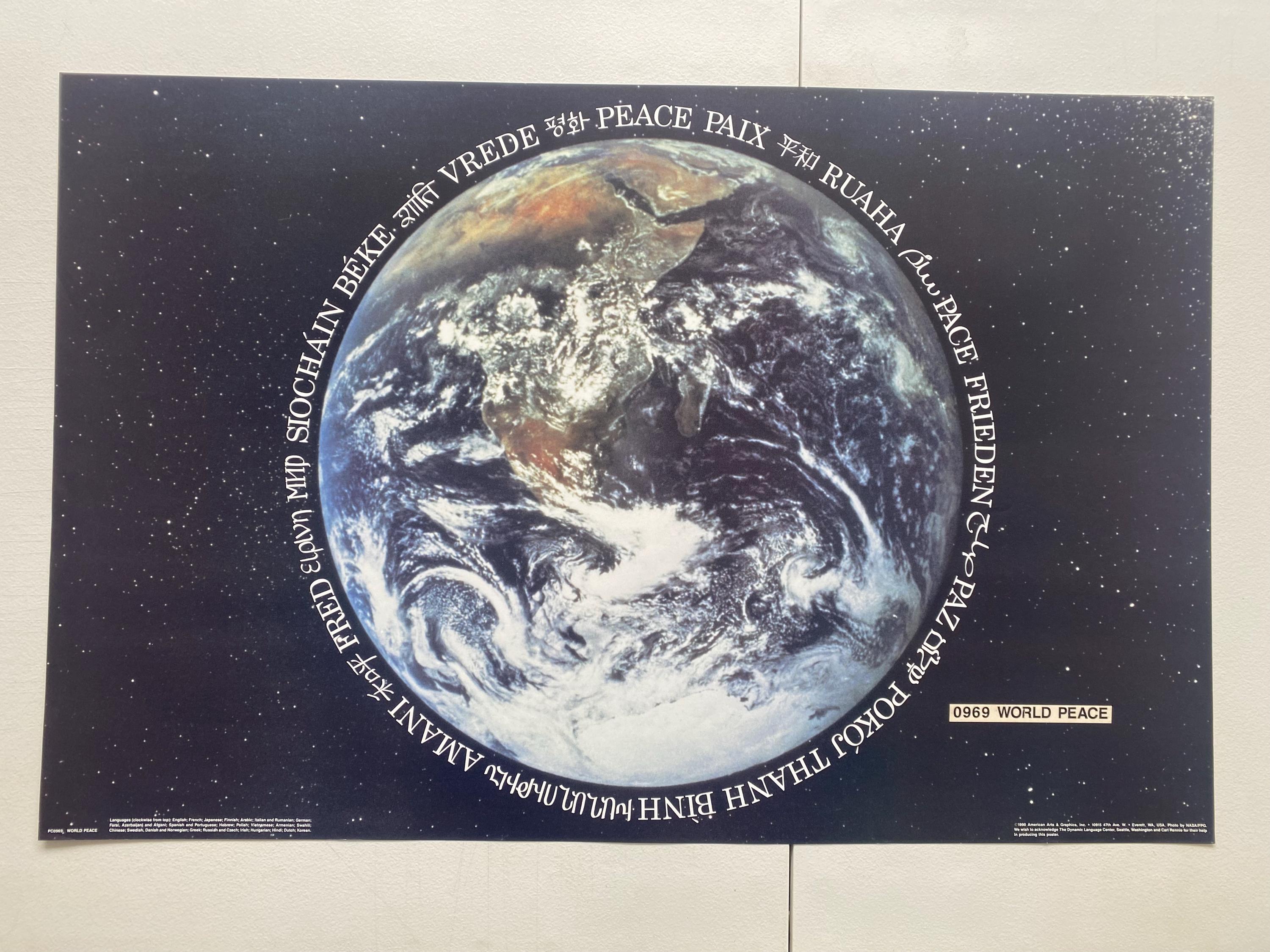 World Peace Original Vintage Poster Earth Globe Stars Universe