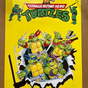 cartel vintage tortugas ninja mutantes adolescentes ilustración de dibujos animados de los años 90