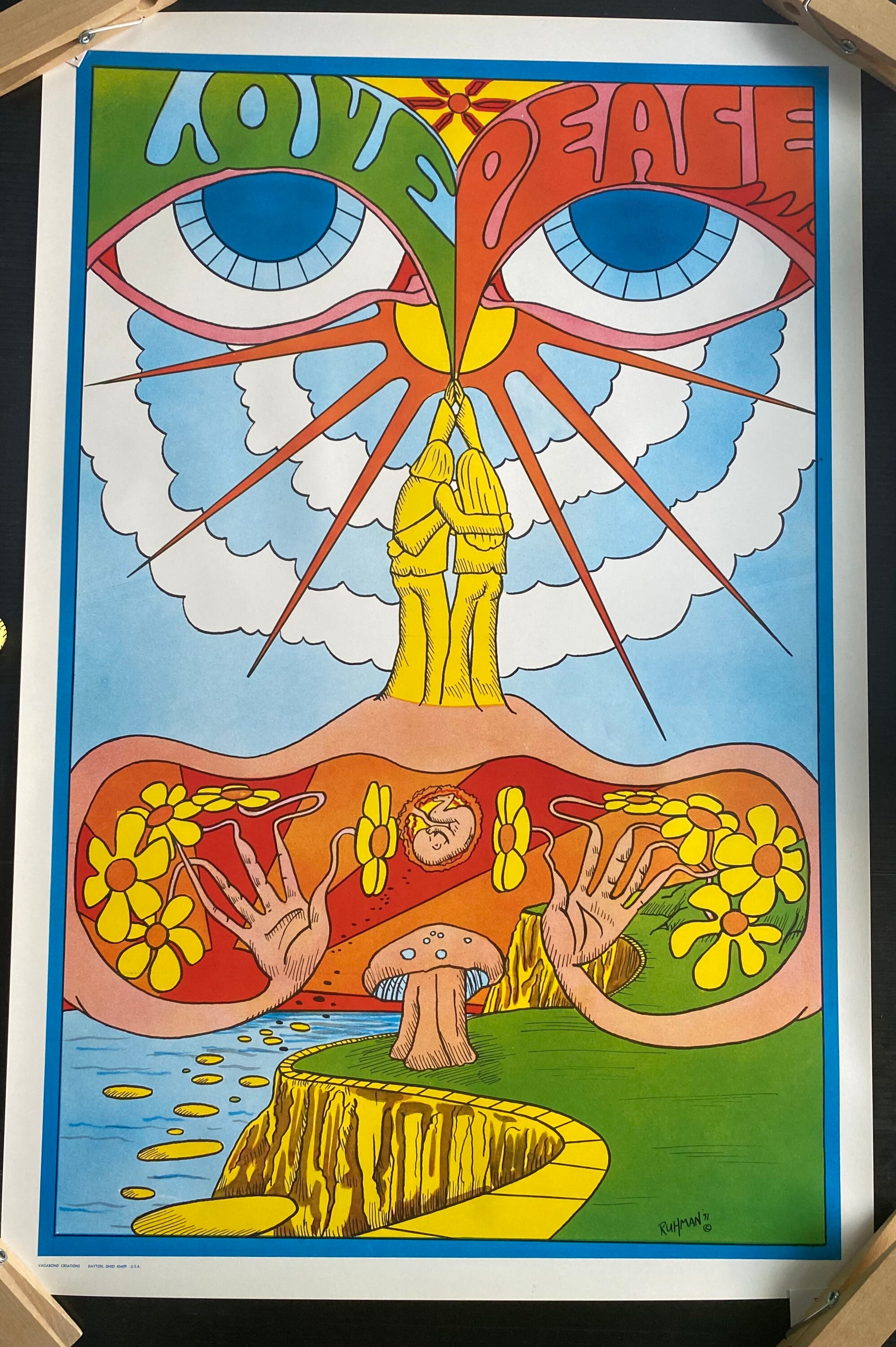 Mushroom Love Hippy Couple Sun Flowers Peace 1970's Original