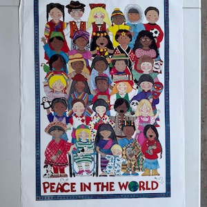 Cartel vintage paz en el mundo niños razas etnias 1993 AA Gráficos personajes dibujo ilustración