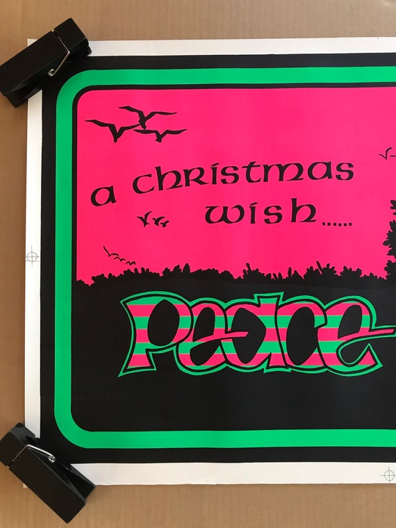 Vintage Original 1970s Christmas Wish Peace on Earth Blacklight