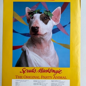 Póster vintage de Spuds MacKenzie, cerveza Bud Light original de Party Animal, 1986, pin-up Budweiser, década de 1980