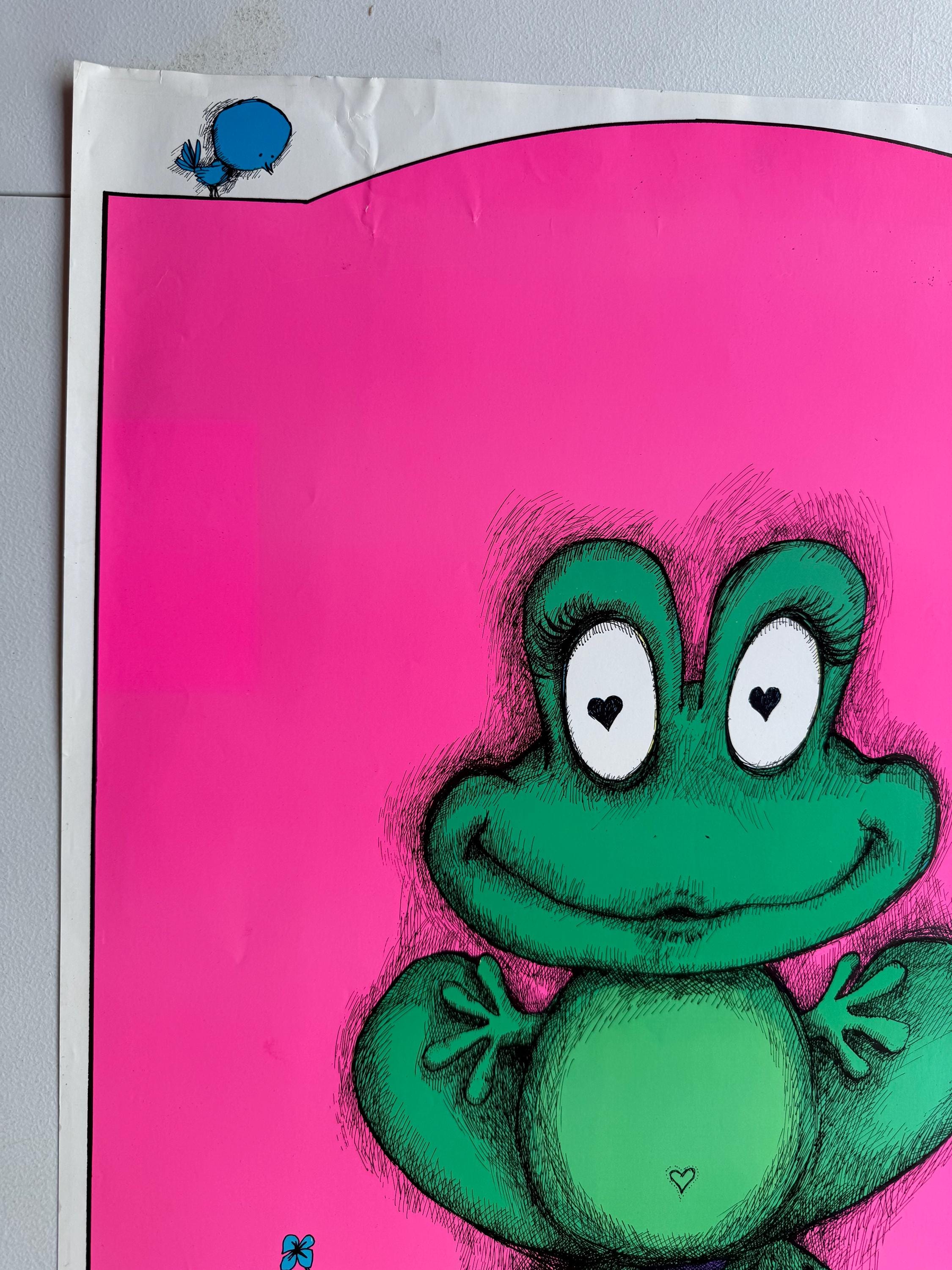 Kiss Me Blacklight Poster Original Vintage Frog Flowers Mushrooms