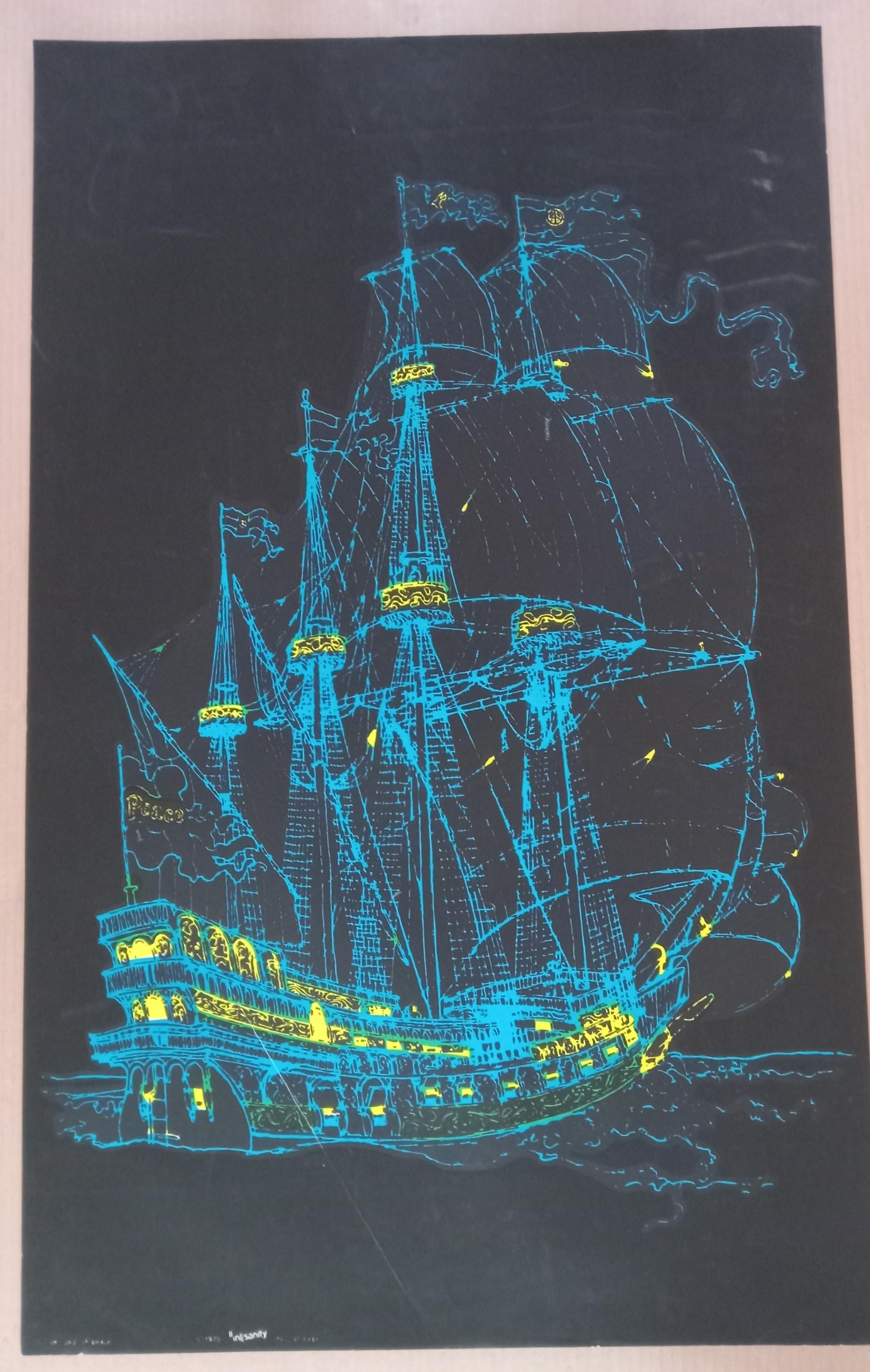 Vintage Original Black Light Poster 1400s Peace Ship 1970s