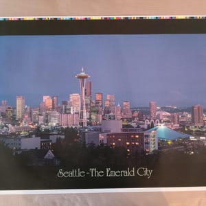 Póster vintage original del horizonte de Seattle de 1986, vista nocturna del paisaje urbano de la ciudad esmeralda, aguja espacial, fotografía del noroeste del Pacífico