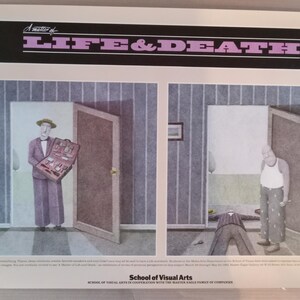 Póster vintage original de la escuela de artes visuales Vida y muerte Pin Up de los años 80