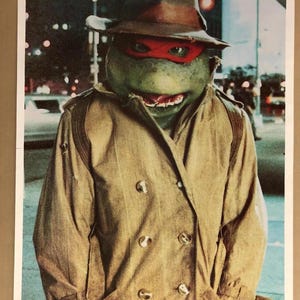 May include: A photographic print featuring a green turtle character wearing a red eye mask, a brown fedora hat, and a tan double-breasted trench coat. The character is depicted in a city setting at night with blurred street lights in the background.