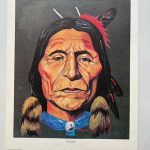 Póster vintage del jefe Wolf Robe, pintura de estilo indio nativo americano de los años 70.