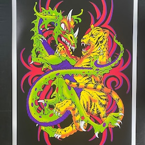 Póster original de luz negra vintage serpiente tigre y serpiente serpiente