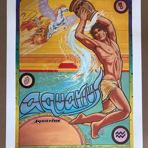 Vintage original 1970s Aquarius poster 1976 Pro Arts astrología zodiacal Feret firmado numerado