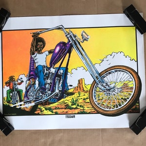Vintage original 1970 libertad helicóptero Blacklight cartel Afro hombre motocicleta Hanson